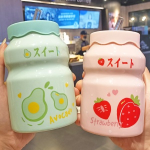 Cốc sứ hoa quả nắp đậy cao su kèm ống hút thủy tinh