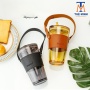Bình thủy tinh đai da kèm đai da quai xách và ống hút thủy tinh