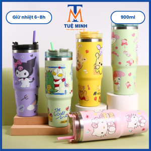 Bình giữ nhiệt hoạt hình đáng yêu 900ml tặng kèm ống hút