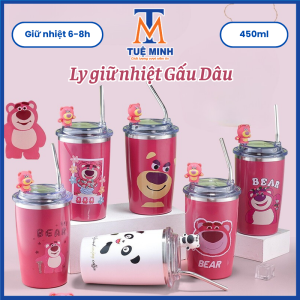 Ly giữ nhiệt 450ml Gấu dâu chất liệu inox 304 tăng kèm ống hút inox