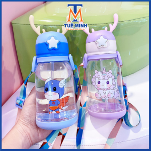 Bình nước nhựa tập uống 600ml nhựa nguyên sinh an toàn cho bé kèm dây đeo